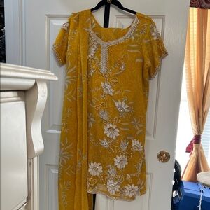 Ornate Yellow Dress with Floral Embroidery